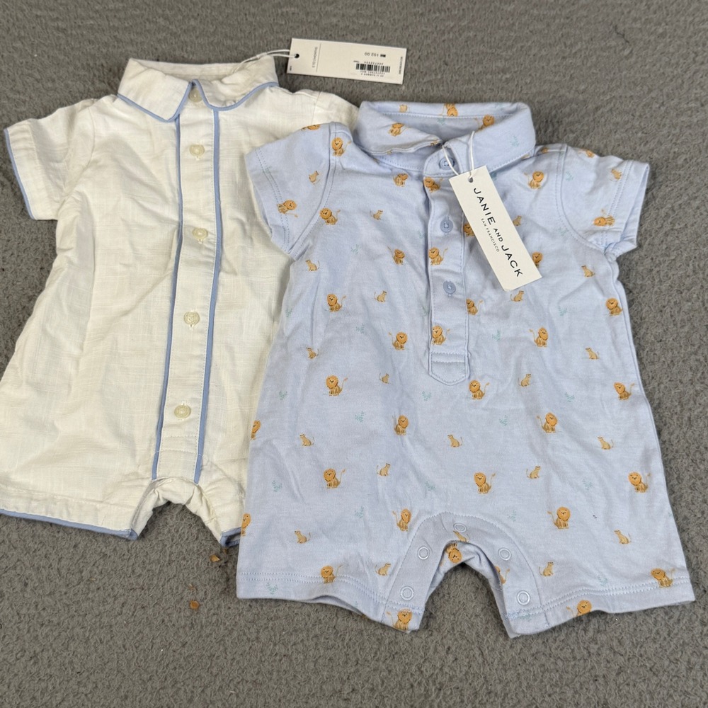 Lot of 2 Janie and Jack Bodysuit Baby 0-3M Blue Lion Kitten Polo Collar